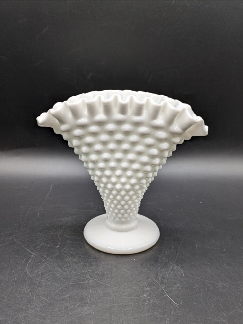 Vintage Fenton White Milk Glass Hobnail Fan Vase Ruffled Edge 6"